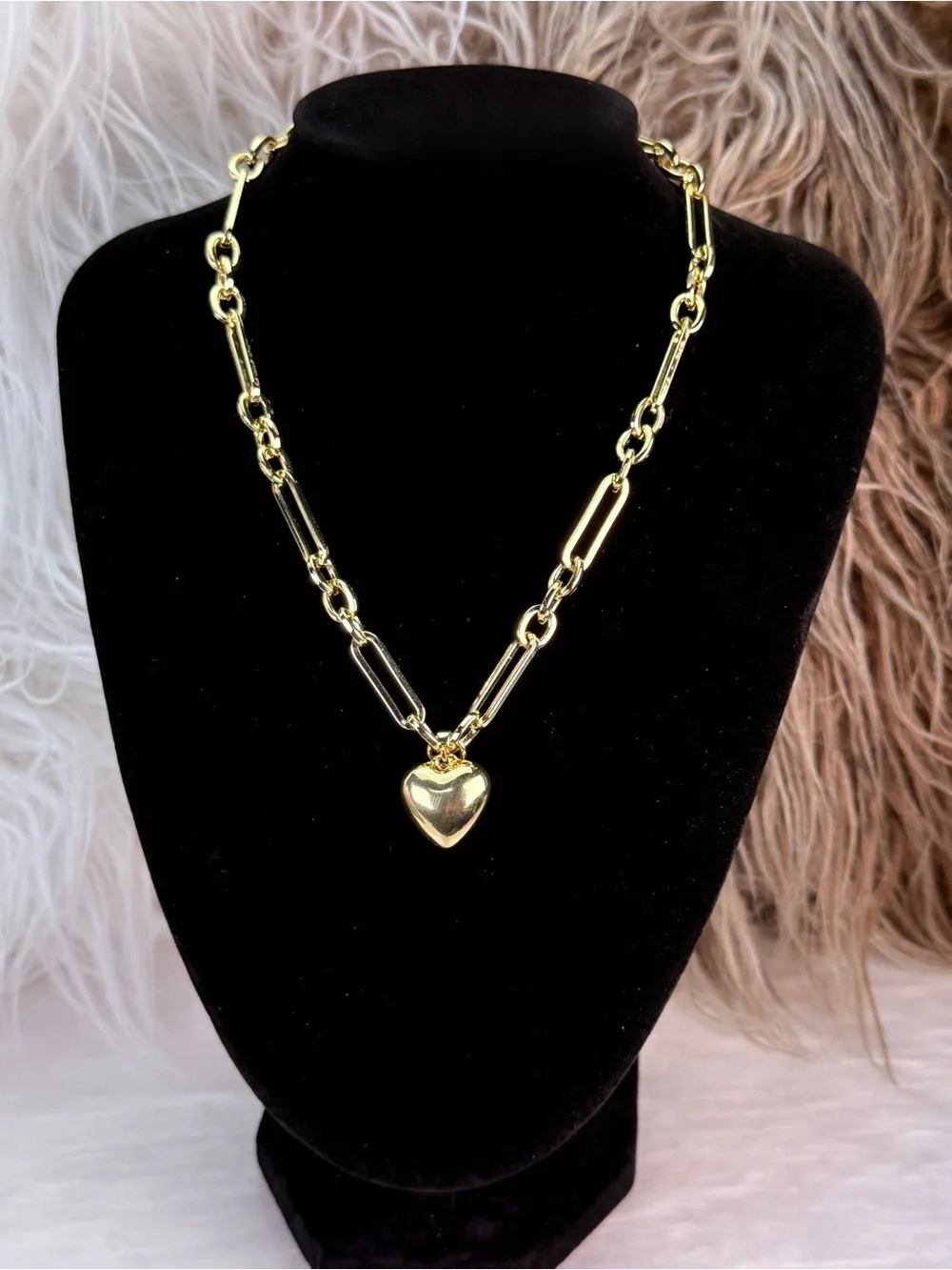 Gold Tone Paperclip Link Chain Puffy Heart Pendant Statement Necklace